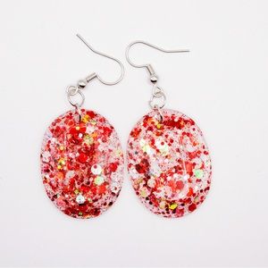 Red and White Glitter 1” Resin Earrings with silver Hardware